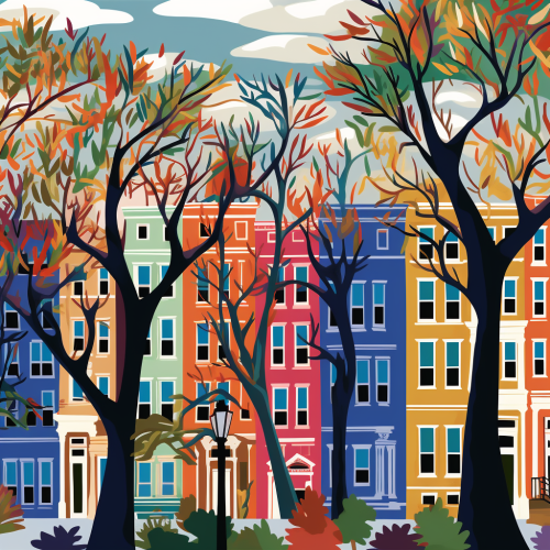 Harlem brownstone NYC trees camouflage repeat pattern