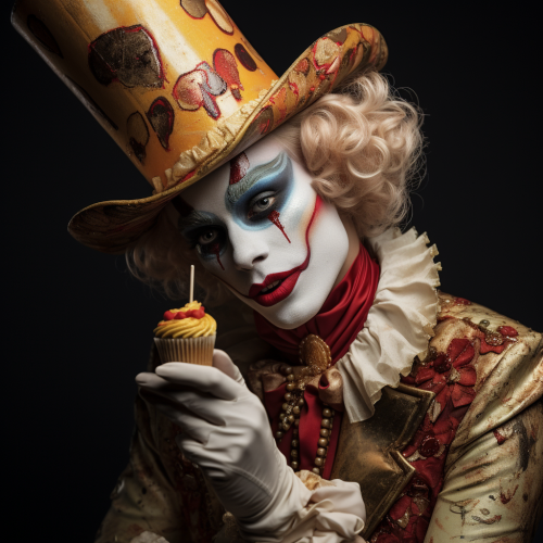 Harlequin eating a skewer carnival style