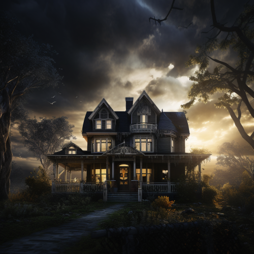Image of contrasting haunted house and suburban home