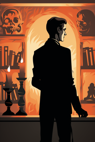 Man looking at framed portrait in eerie gothic setting