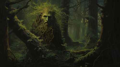 Green Man emerging from haunting forest