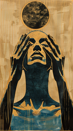 hands holding head healing linocut