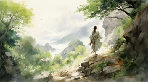 Ancient Chinese style warrior on a mountain path