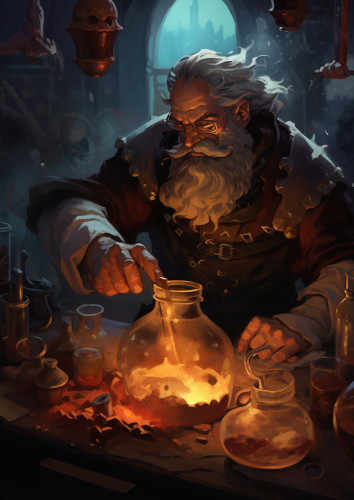 Cartoon Alchemist Creating Healing Potions