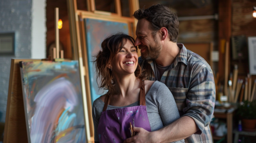Woman painting with husband hug Woman painting with husband hug