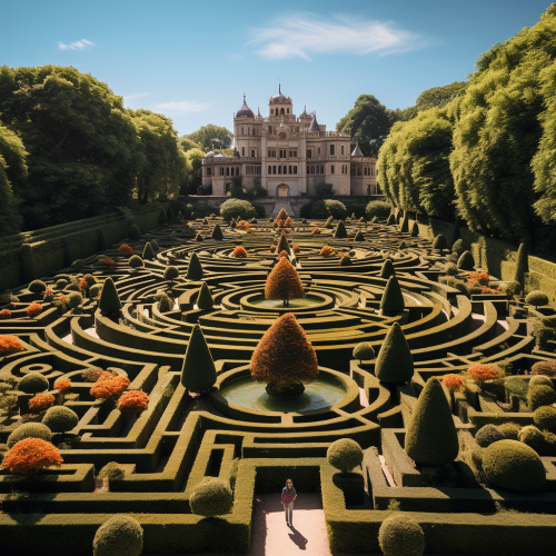 A stunning hedge maze with vibrant flowers and towering trees