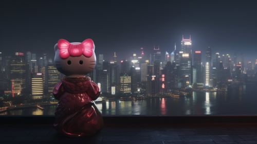 Hello Kitty gazing at cityscape