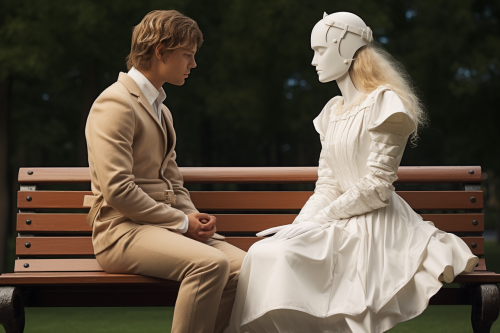 Costumed couple sitting on park bench in conversation