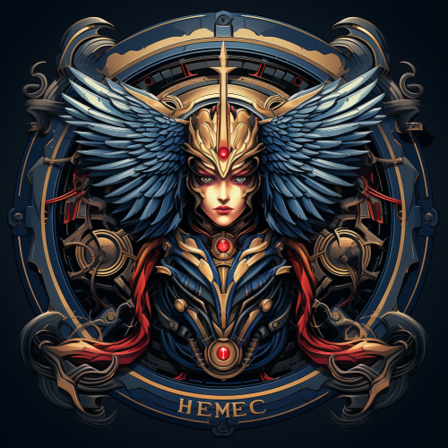 Emblem showcasing hero transformation in blue, red, and gold.