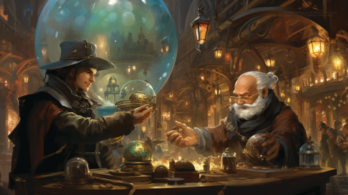 Friendly robot merchant guiding Tommy with magical compass