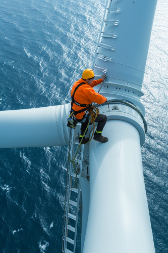 Offshore wind turbine worker climbing ladder