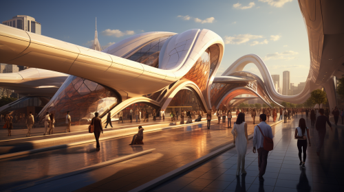 Majestic high-speed railway station with anime enthusiasts