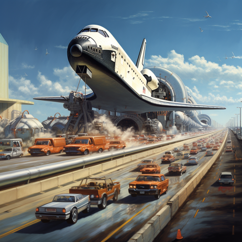 Highway traffic stop with open lane for space shuttle