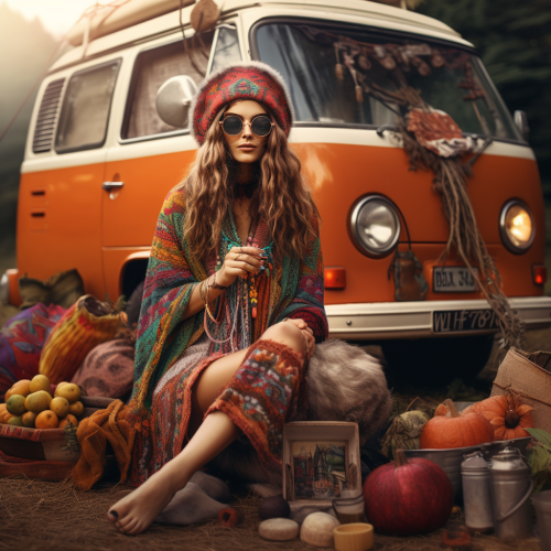 Outdoor photo of a peaceful hippie girl with mushrooms