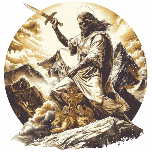 Jesus swinging sword at baphomet