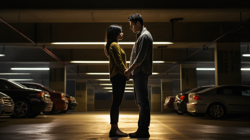 Hispanic couple in dimly lit city parking