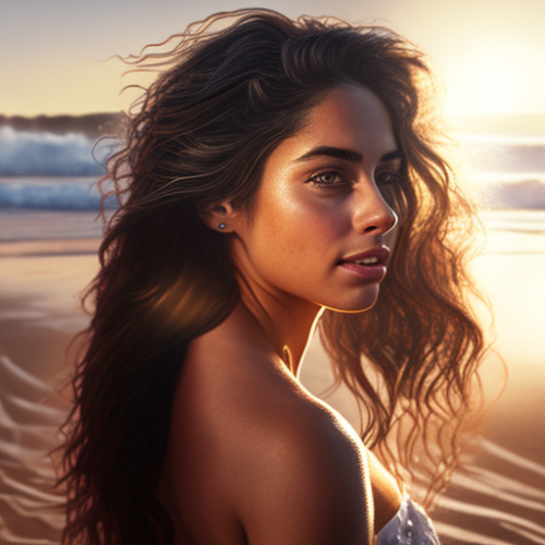 Beautiful Hispanic Woman on Beach at Dawn