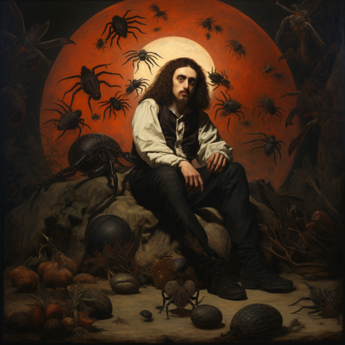 Hispanic guy sitting on crescent moon with tarantulas