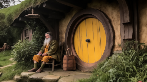 Hobbit in yellow jacket smoking a wooden pipe