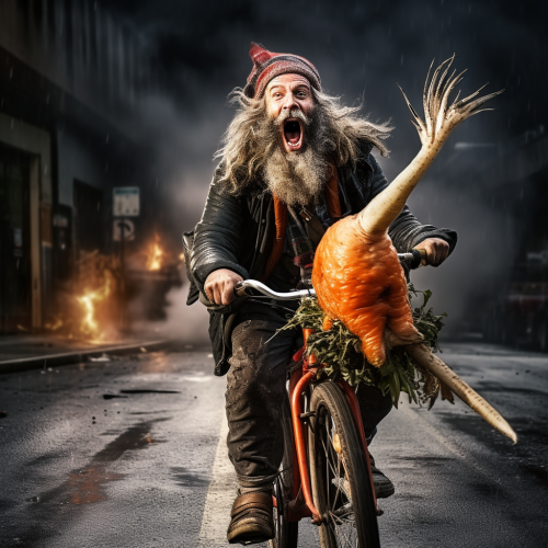 Homeless man playing trumpet while riding colorful bike