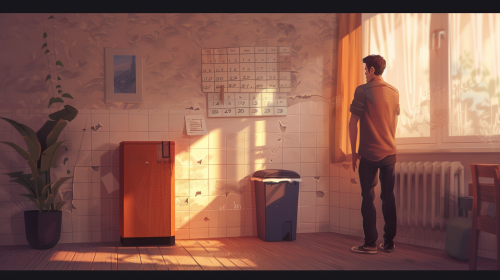 Homeowner inspecting tidy room wall note trash calendar