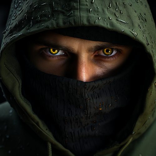 A person with a dark hood and bright green eyes A person with a dark hood and bright green eyes