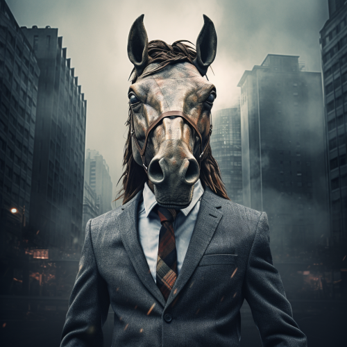 Horse head man in city