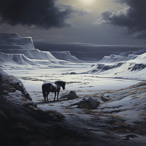 Horses grazing snowy winter tundra