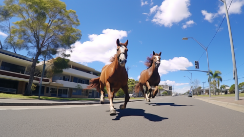 Two horses trotting on busy street