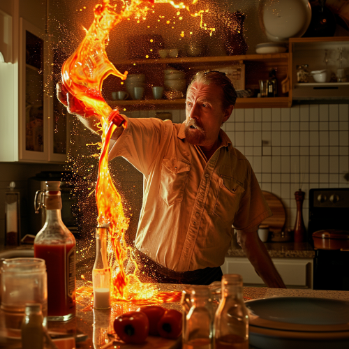 Man in kitchen with hot sauce pouring