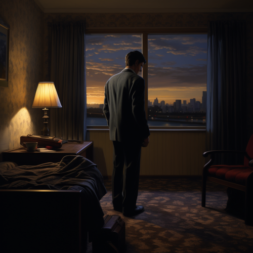 Man arriving at hotel room at midnight