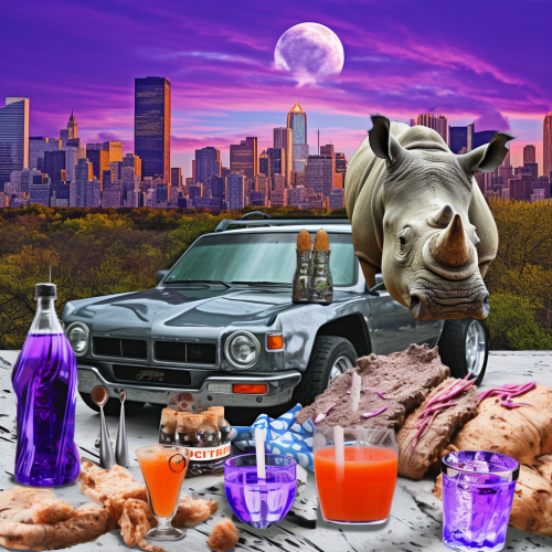 Rhino Collage with Houston City, Old School Cars, and Purple Drink