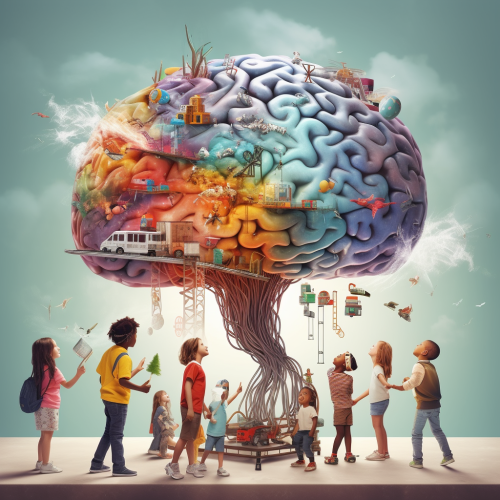 Curious people discussing a huge brain