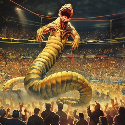Hulk Hogan wrestling a giant centipede in vintage ring