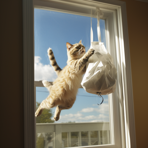 Human cat thief with bag of treasure jumping from window