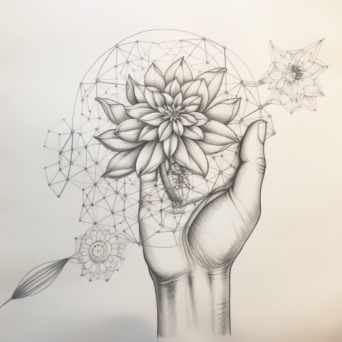 Sketch of human hand with flower of life