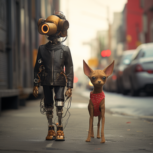 Humanoid robot walking a chihuahua on a city street