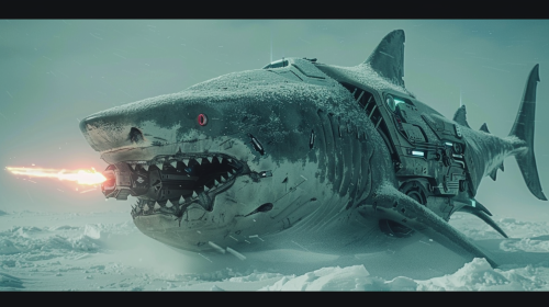 humanoid shark with laser gun on snow