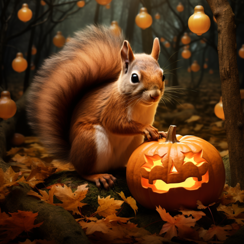 Hybrid squirrel holding a pumpkin in the woods