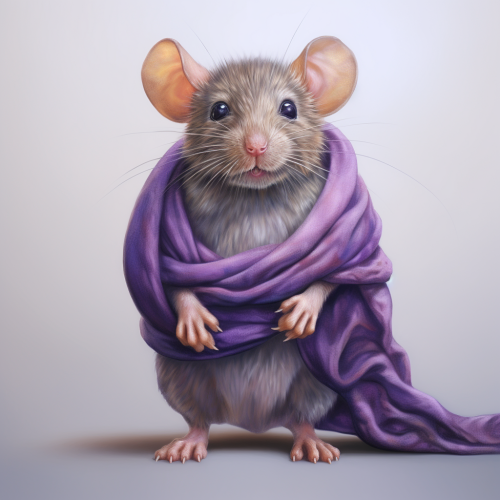Mouse wearing purple scarf in hyper-realistic 8K image