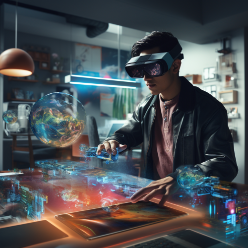 Person using Vision Pro AR headset in futuristic scene