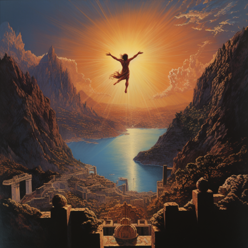 Icarus falling over sea, mountains, Greek city