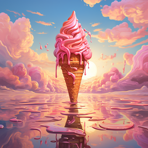 Colorful cartoonish ice cream in pink sky