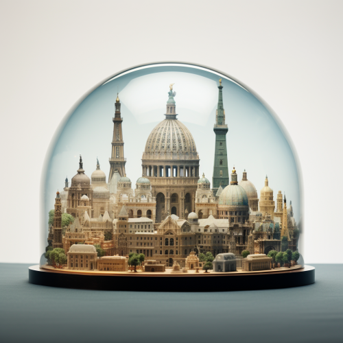 Iconic monuments in transparent domes on grid Iconic monuments in transparent domes on grid