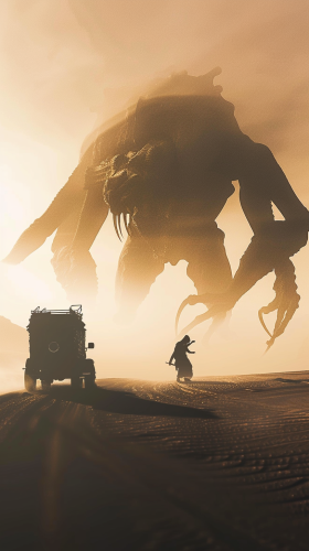 Ifrit shadow over desert caravan