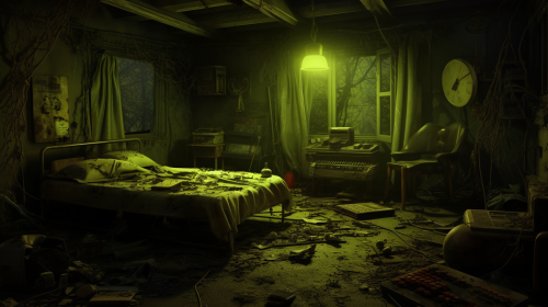 Illuminated radiation sign in a fallout shelter