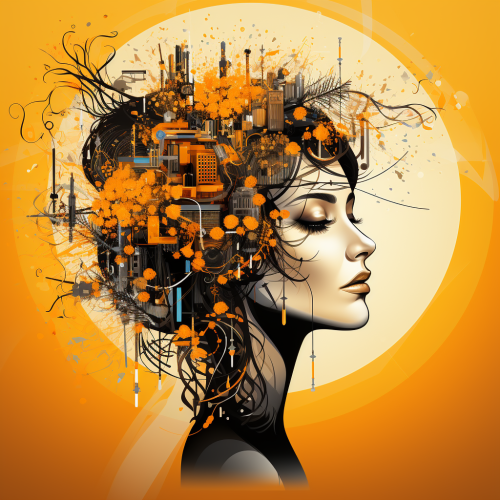 Beautiful woman with gears as brain on orange background