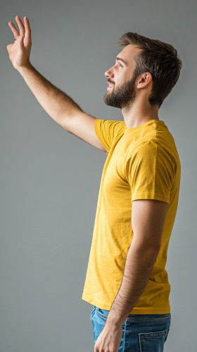 happy man reaching out expression
