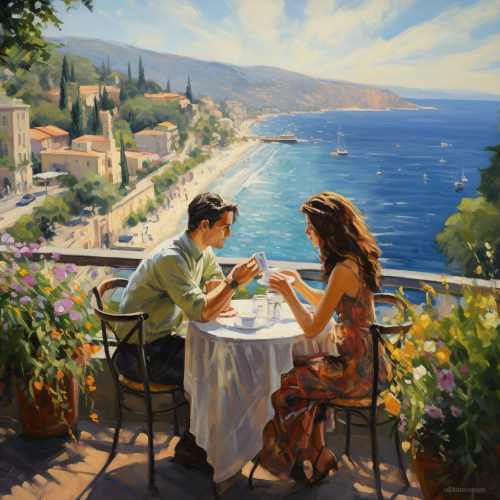 Couple enjoying coffee at hilltop cafe