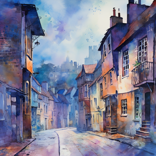 Impressionistic Watercolour Painted Background Scenic Town